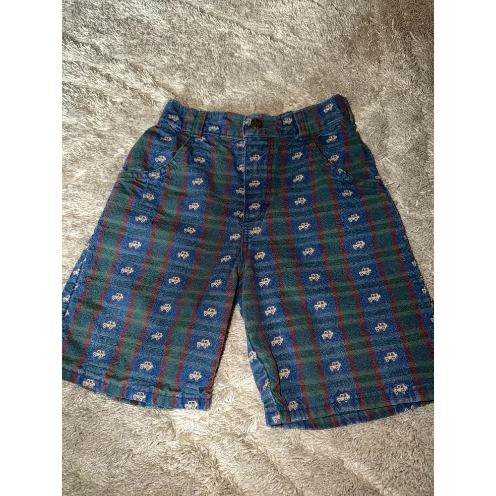 Vintage Oshkosh B'Gosh Long Plaid Shorts Boys Cars Trucks Blue Green Checkered